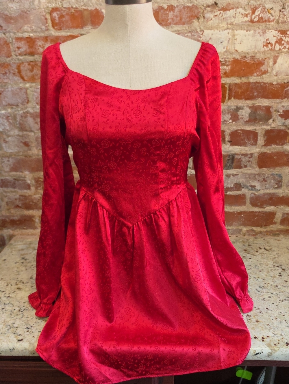 Crystal Doll Red Satin Jacquard Square-Neck Tunic